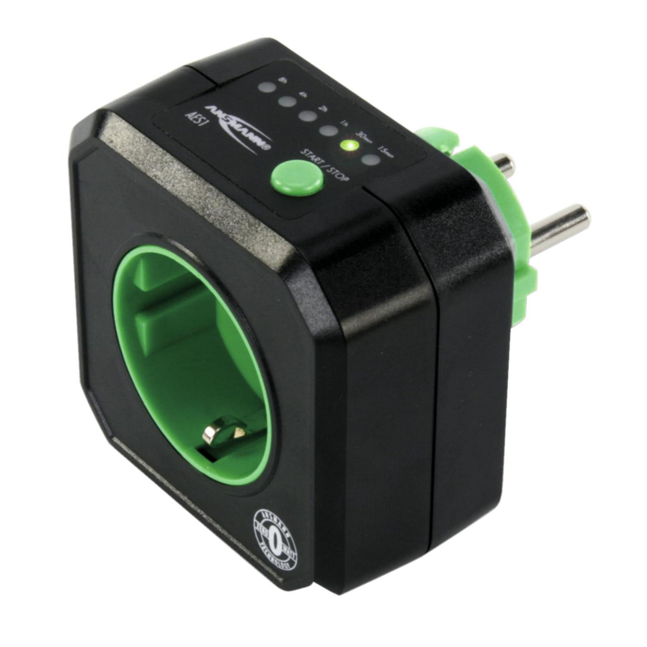 Czarna i zielona wtyczka z timerem z przyciskami i światłami, widok z kąta.