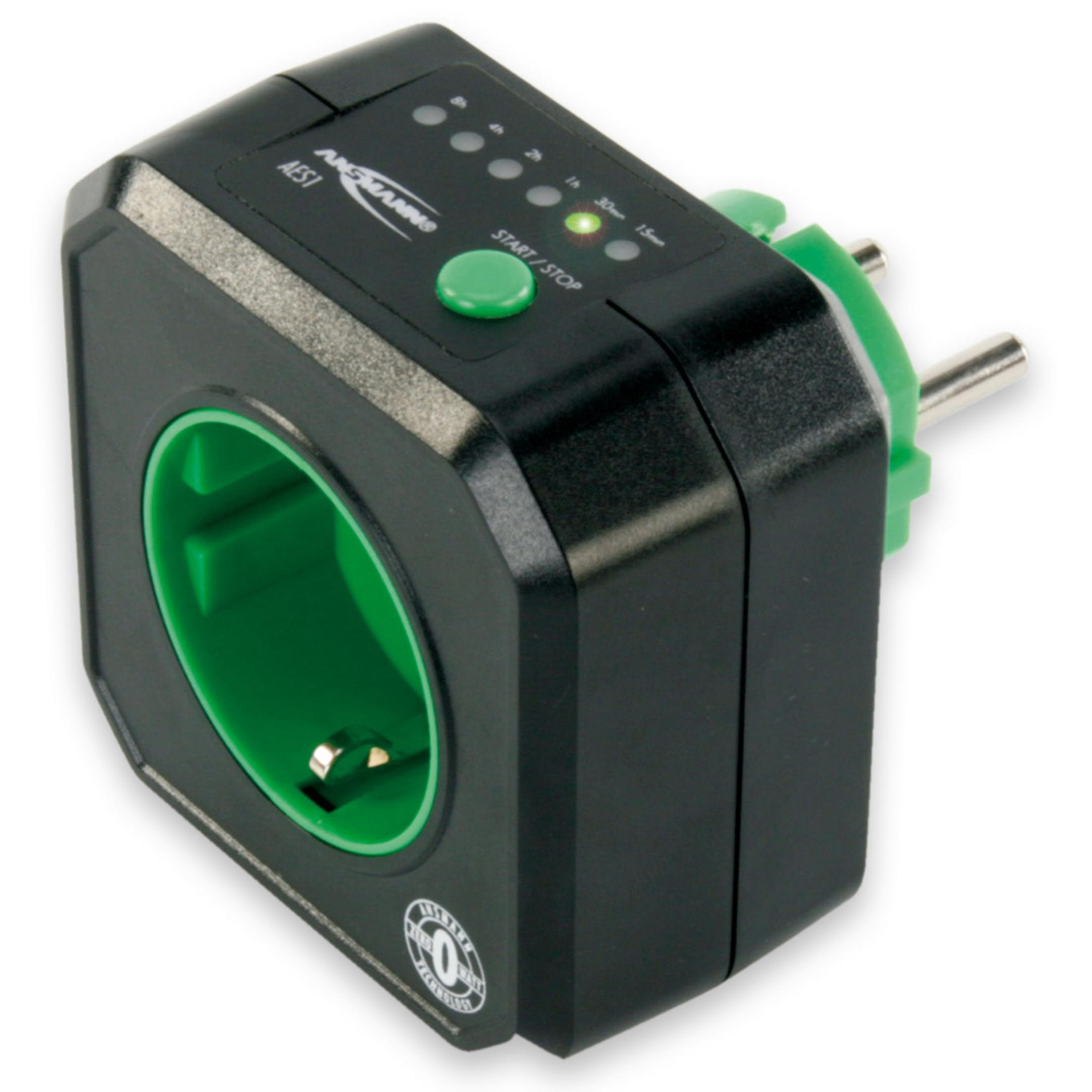 Czarny i zielony timer elektryczny z zielonym przyciskiem i wyświetlaczem cyfrowym.