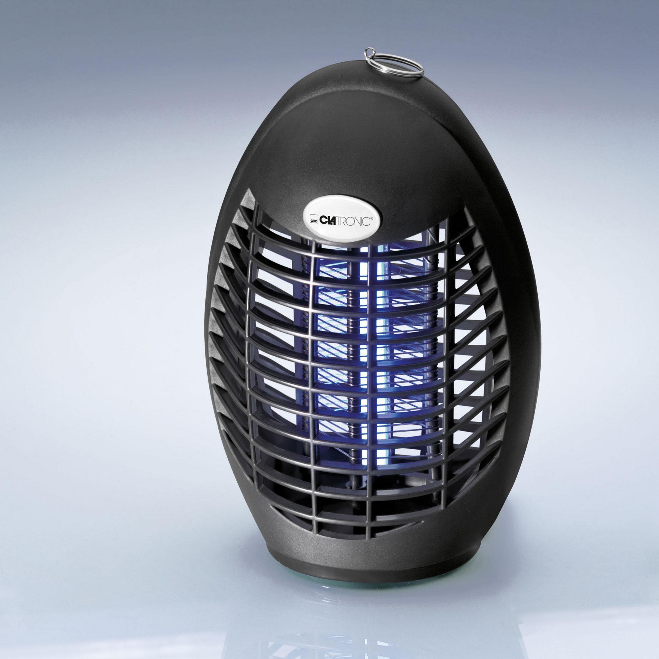 Mata insectos negro con luz azul. La parte delantera tiene una rejilla.