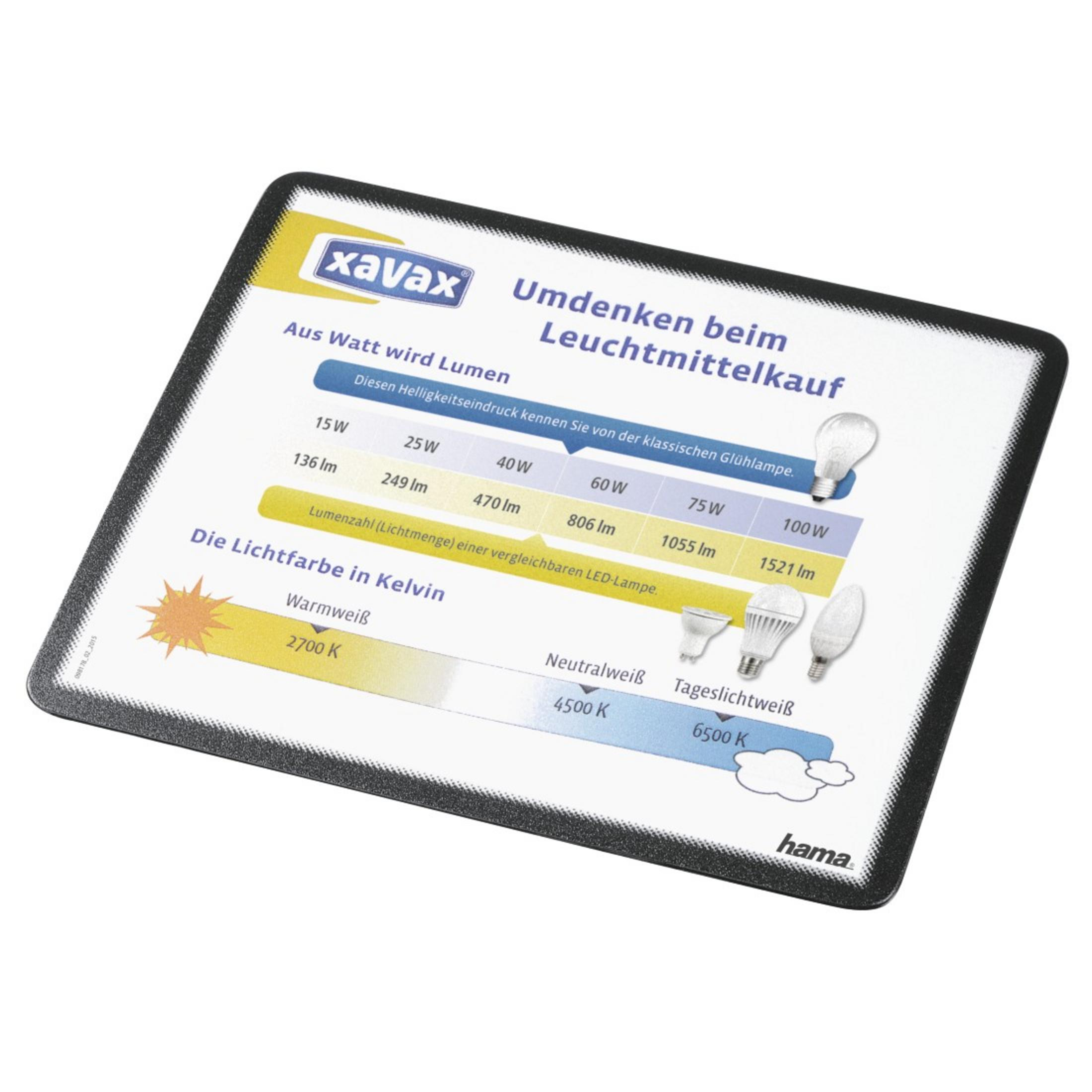 Produktinformationskarte mit Farbskala für Glühbirnen.