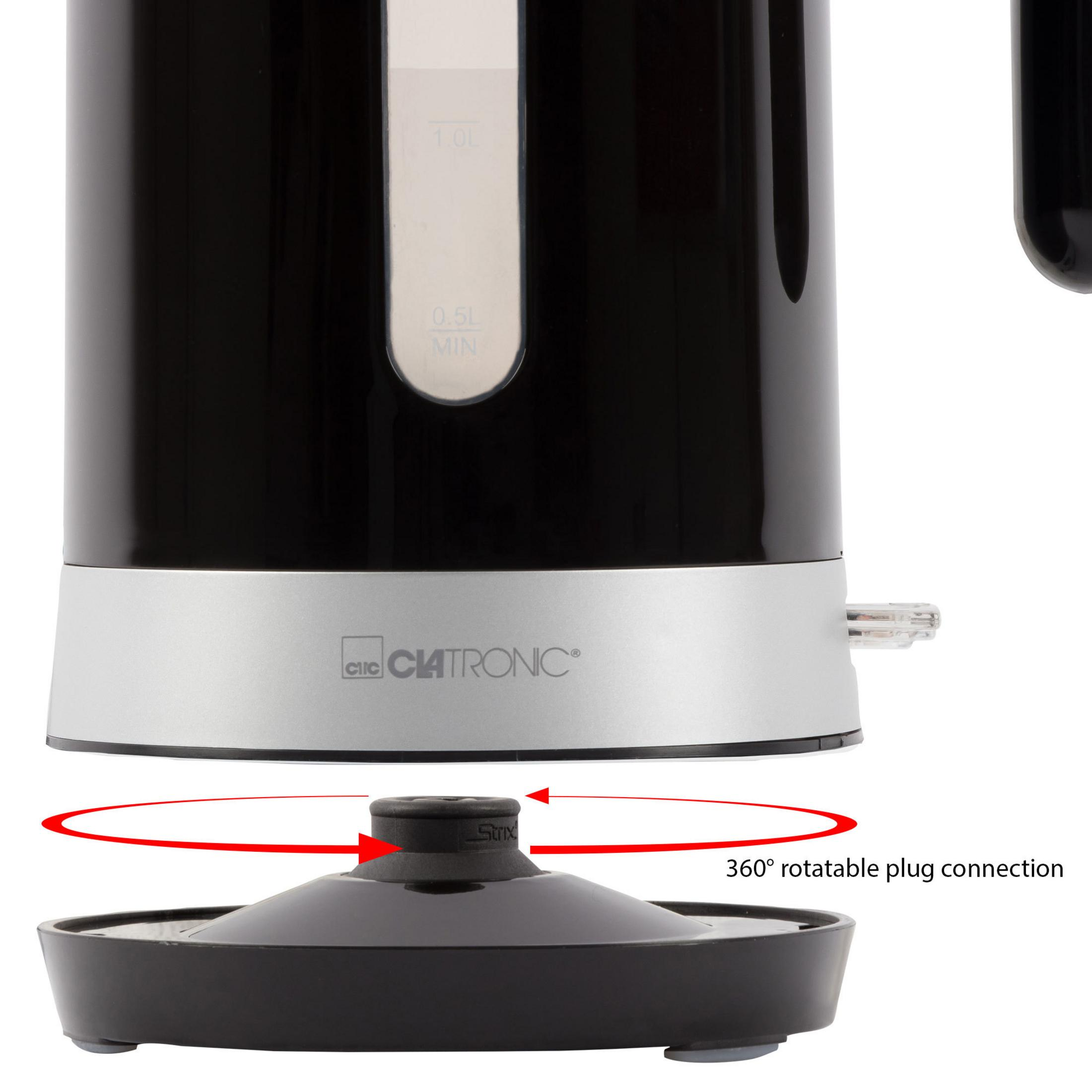 Czarny i srebrny czajnik elektryczny. Pokazano obrotowe połączenie wtykowe 360°.