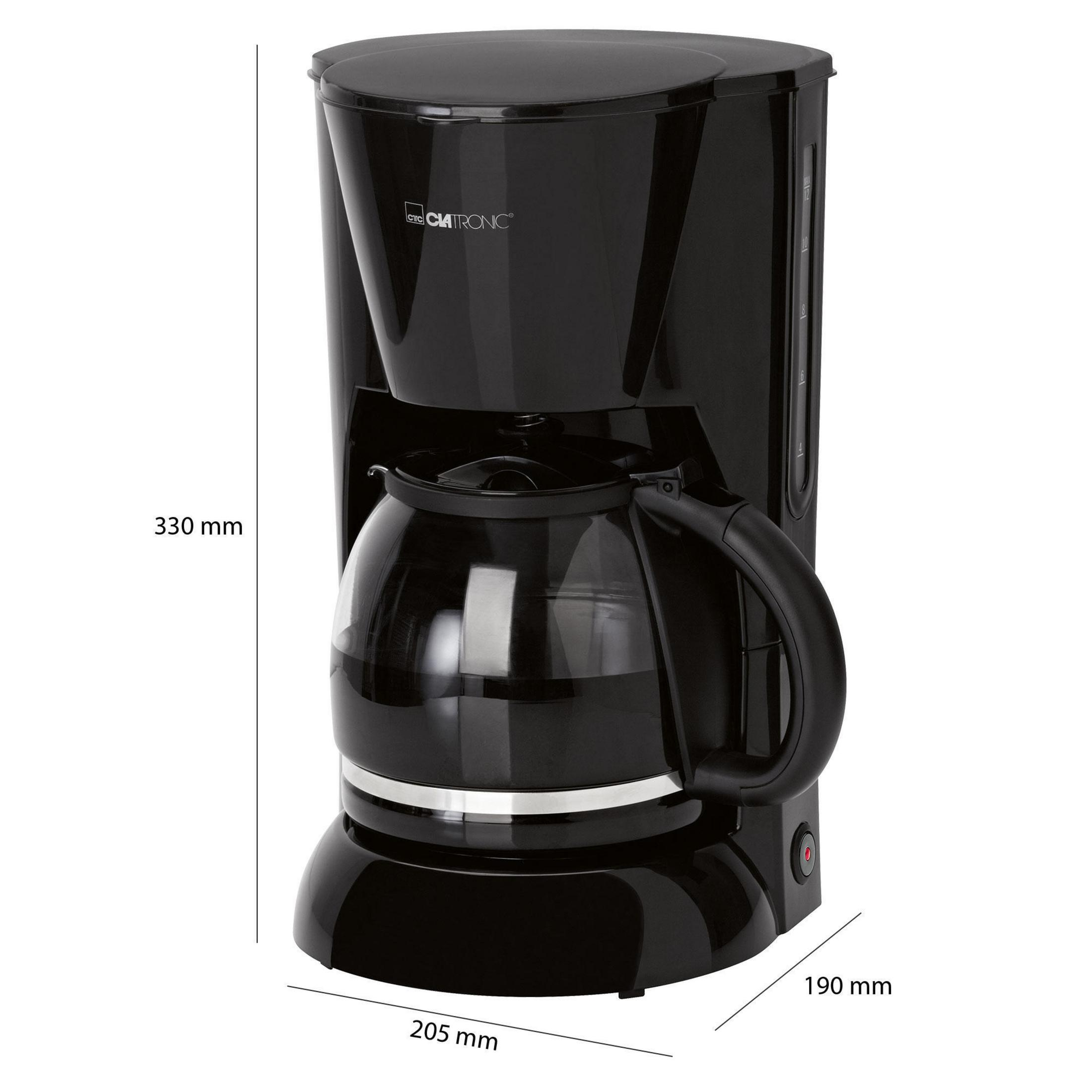 Czarny ekspres do kawy ze szklaną karafką i wymiarami: 330 mm wysokości, 205 mm szerokości i 190 mm głębokości.