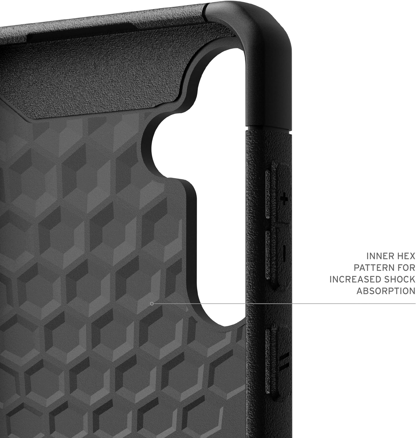 Close-up van een zwarte telefoonhoes met geometrisch patroon. Toont textuur en knopdetails.