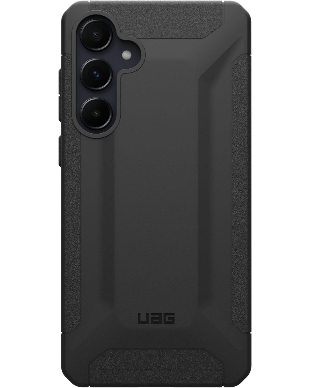 Zwarte telefoonhoes met een textuurontwerp en drie cameralenzen. Het UAG-logo is zichtbaar.