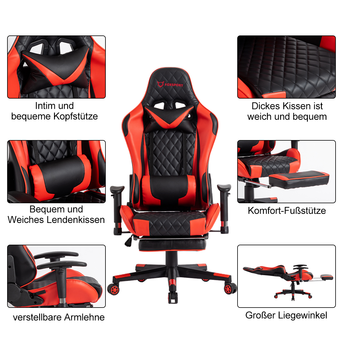 Silla gaming SEVEN COMFORT Silla gaming con reposacabezas y cojín lumbar,  reposapiés, 150 kg, reposabrazos 2D (regulable en altura y anchura), hasta 