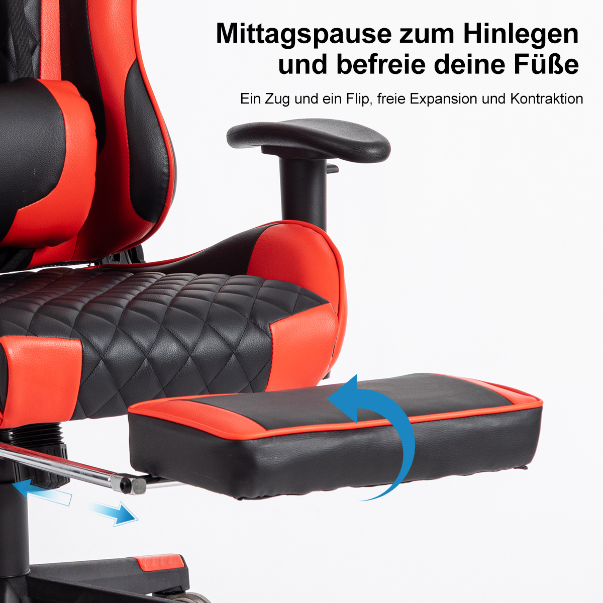 Silla gaming con reposapiés extendido. Diseño rojo y negro. Fondo blanco.