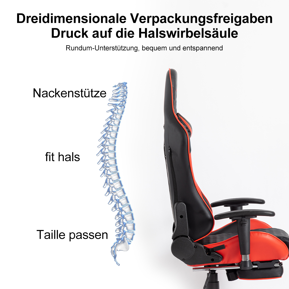 Una silla ergonómica para juegos, con una ilustración de la columna vertebral y texto de apoyo.