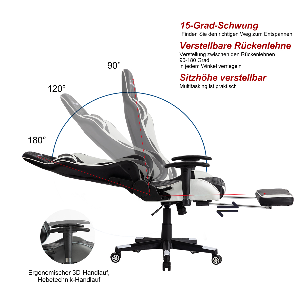 Ein ergonomischer Gaming-Stuhl mit verstellbarer Rückenlehne und Höhe. Weißes und schwarzes Farbschema.