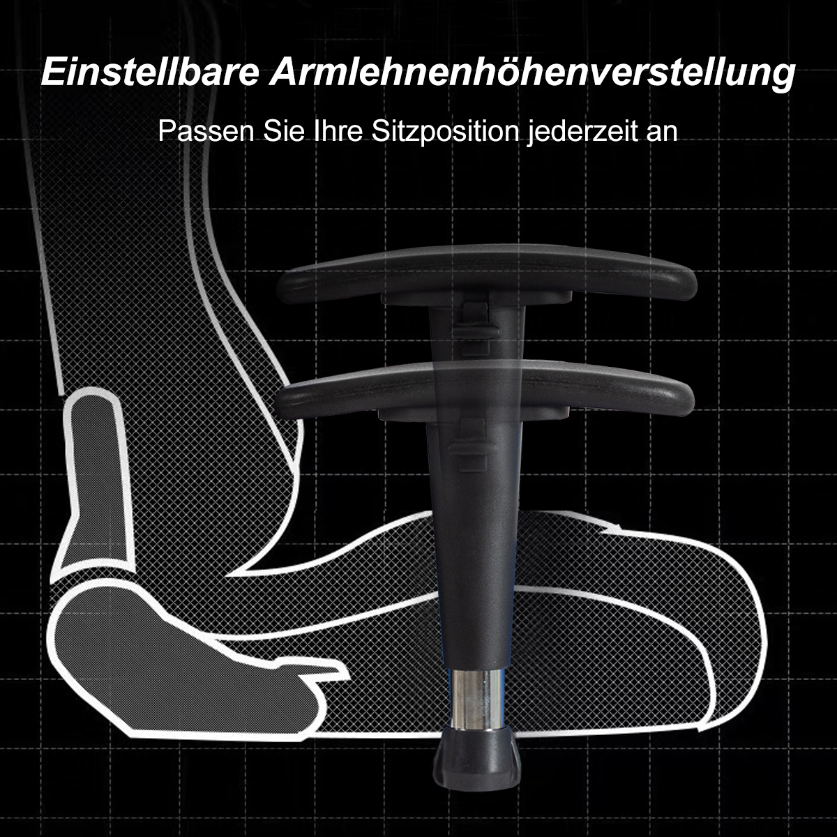 Diagramm der verstellbaren Armlehnen. Schwarzer Stuhl mit weißer Kontur, schwarzer Hintergrund und Text.