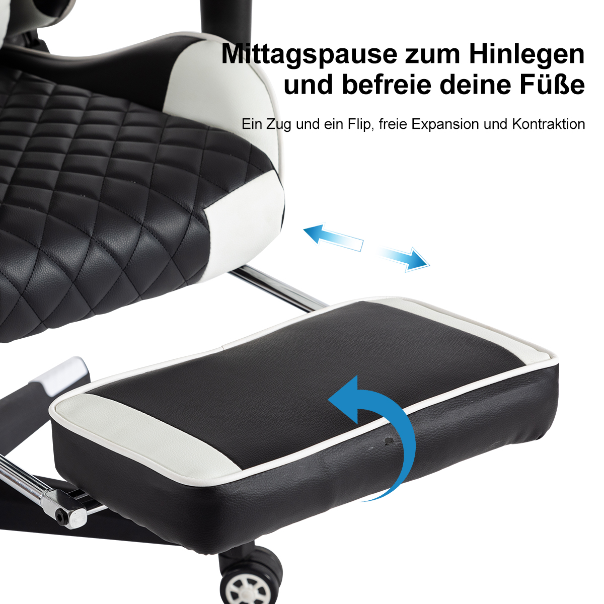 Schwarz-weißer Bürostuhl mit Fußstütze. Text: „Mittagspause zum Hinlegen und befreie deine Füße“.