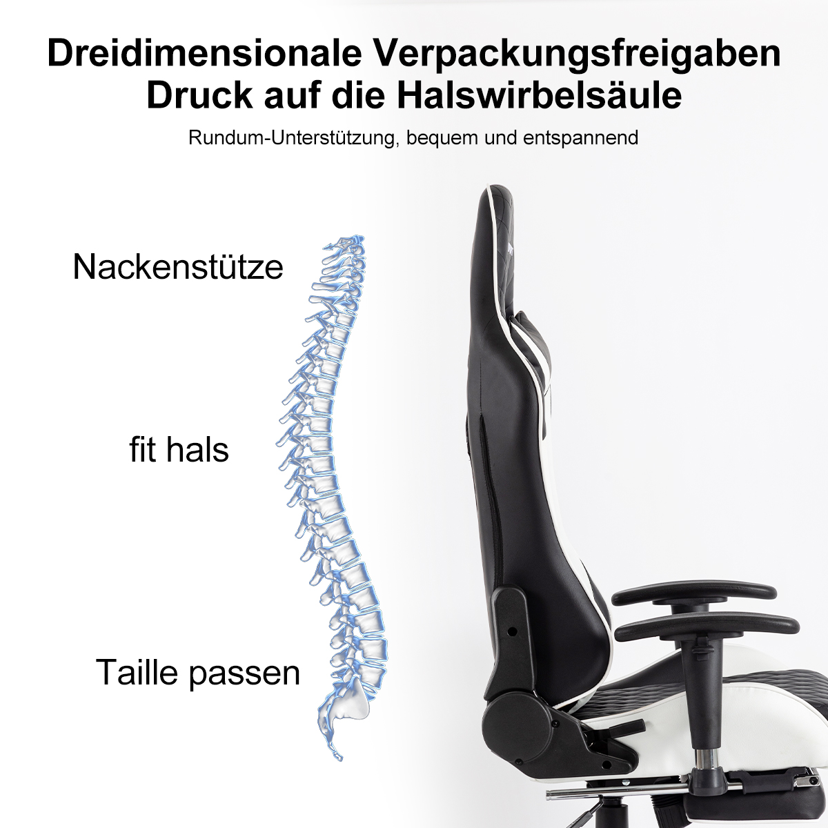 Diagramm einer Wirbelsäule mit Gaming-Stuhl. Zeigt Nacken-, Hals- und Taillenstütze.