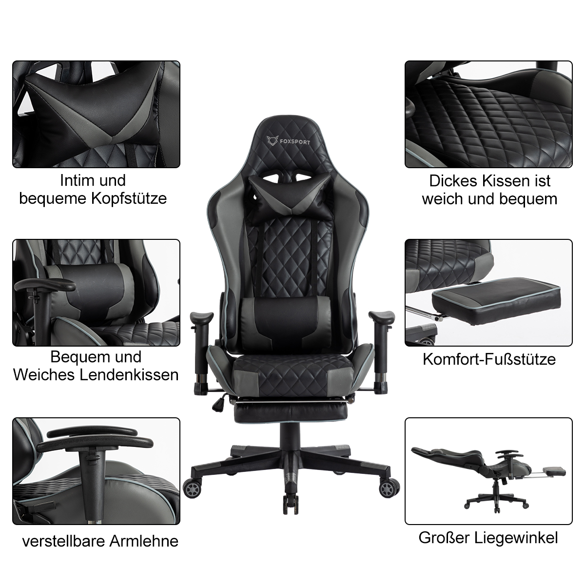 Ein schwarzer und grauer Gaming-Stuhl mit mehreren Ansichten und Funktionen wird angezeigt.