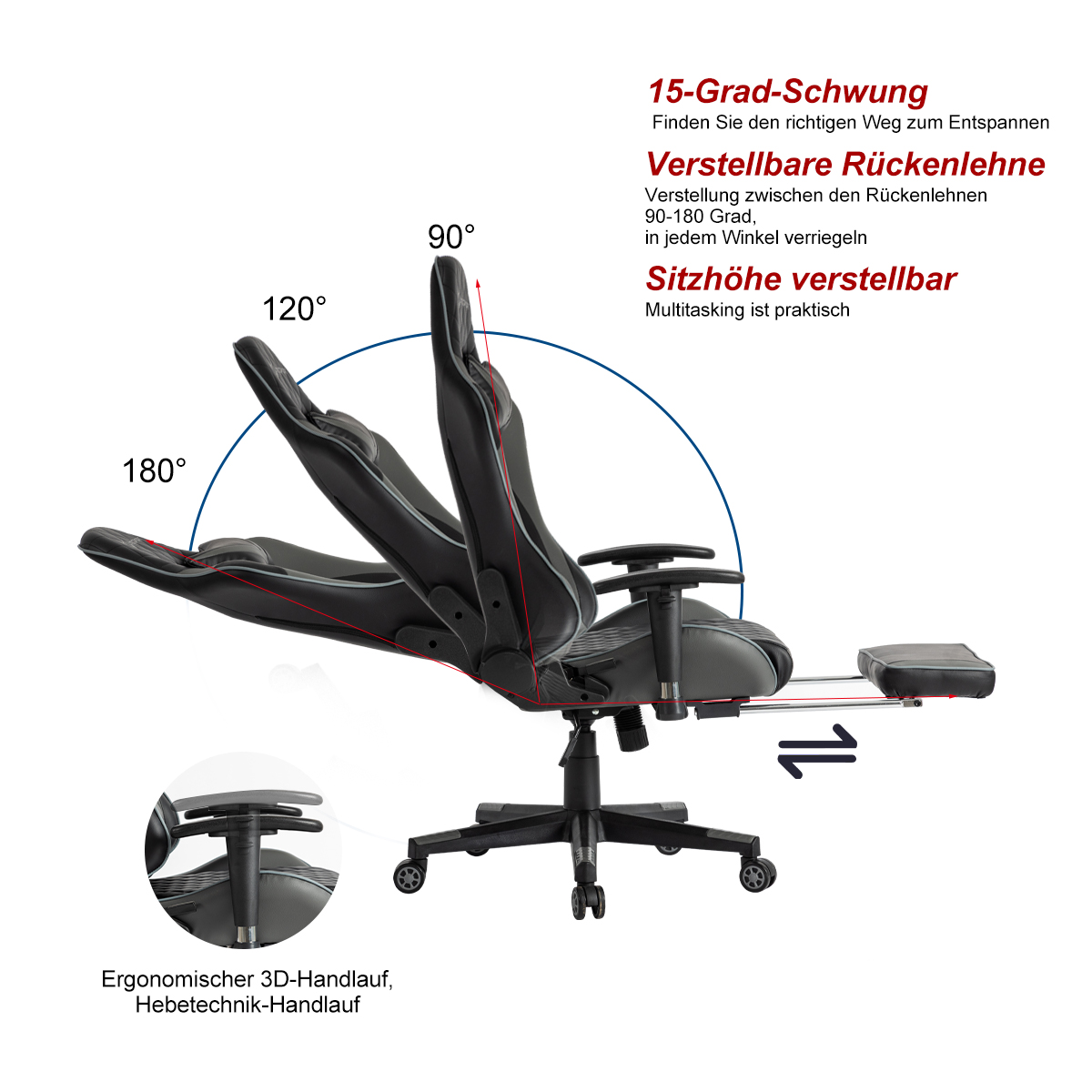 Ergonomischer Gaming-Stuhl mit verstellbarer Rückenlehne und Sitzhöhe, in Winkeln gezeigt.