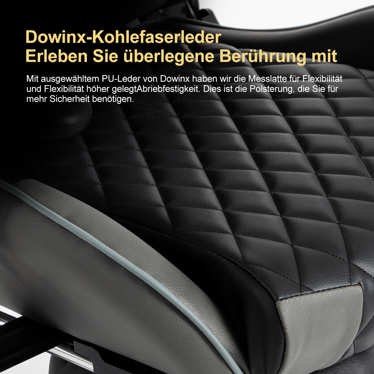 Schwarzer und grauer Ledersessel. Rautenmuster. Graue Seiten. Text auf Deutsch.