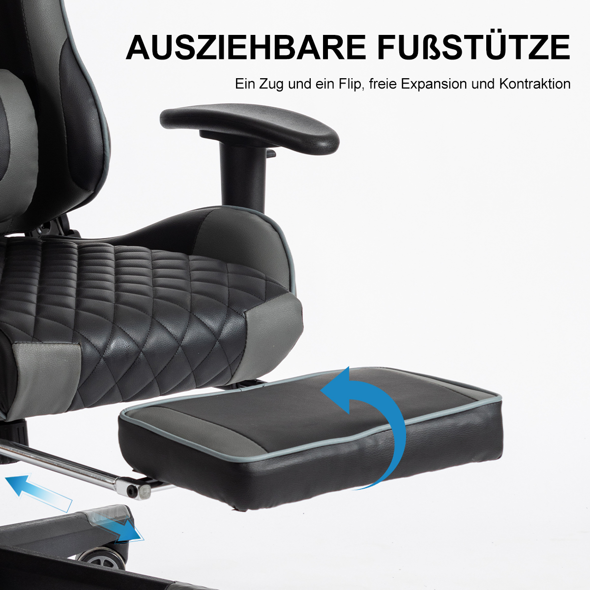 Gaming-Stuhl mit schwarzem und grauem Leder, Fußstütze mit Pfeil verlängert.