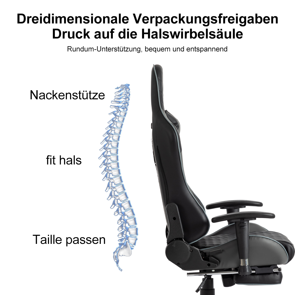 Schwarz-weißer Gaming-Stuhl neben Wirbelsäulendiagramm. Zeigt Unterstützung.