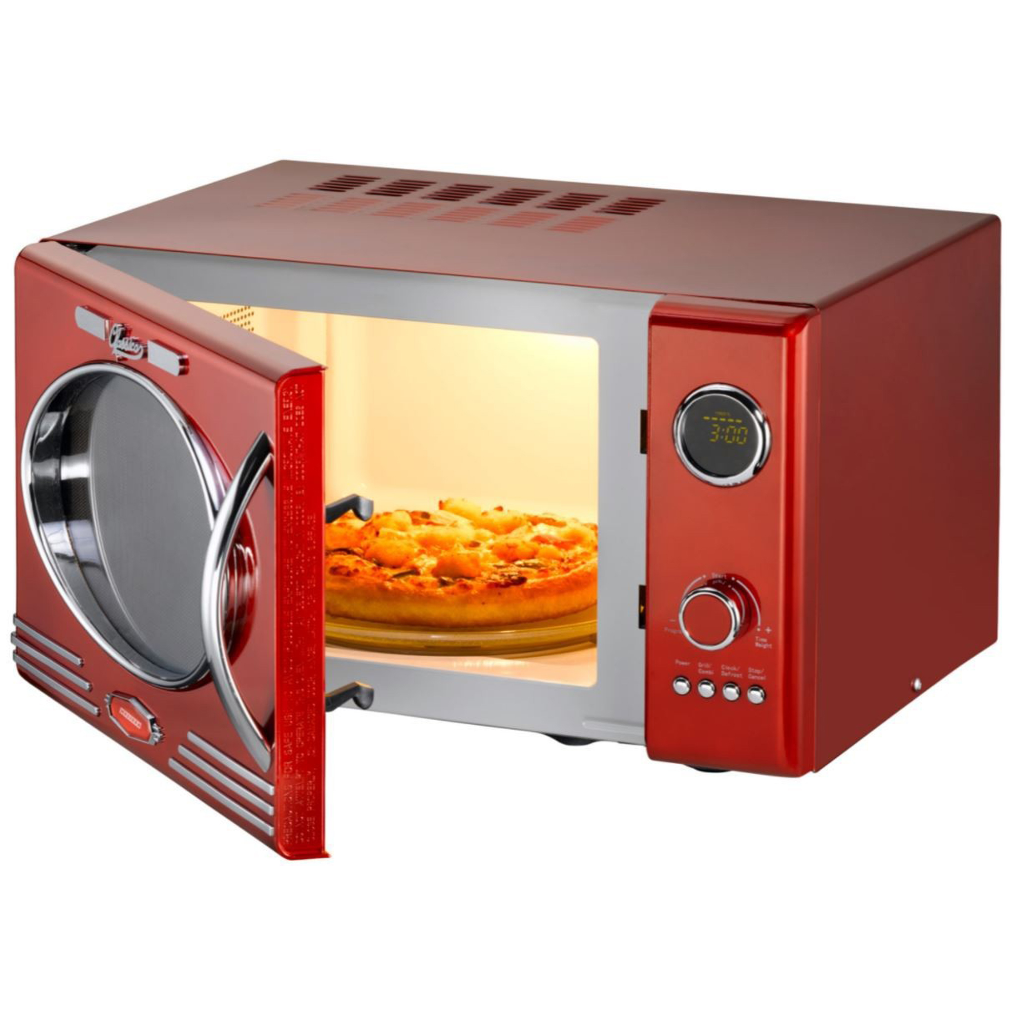 Roter Mikrowellenherd im Retro-Stil mit Pizza im Inneren und offener Tür.