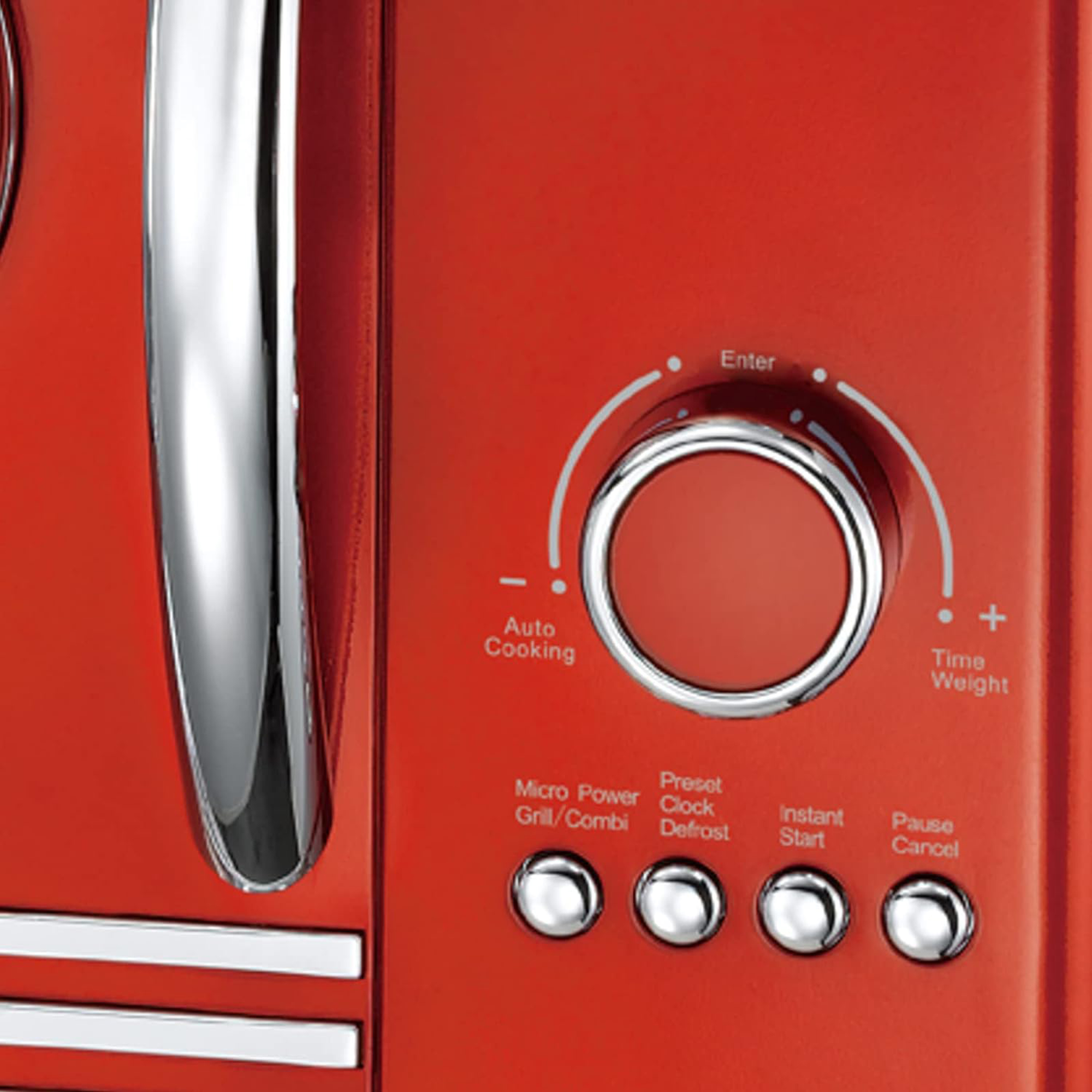 Nahaufnahme der Mikrowellenbedienelemente. Rot. Tasten: Automatisches Kochen, Mikrowellenleistung, Grill, Auftauen.