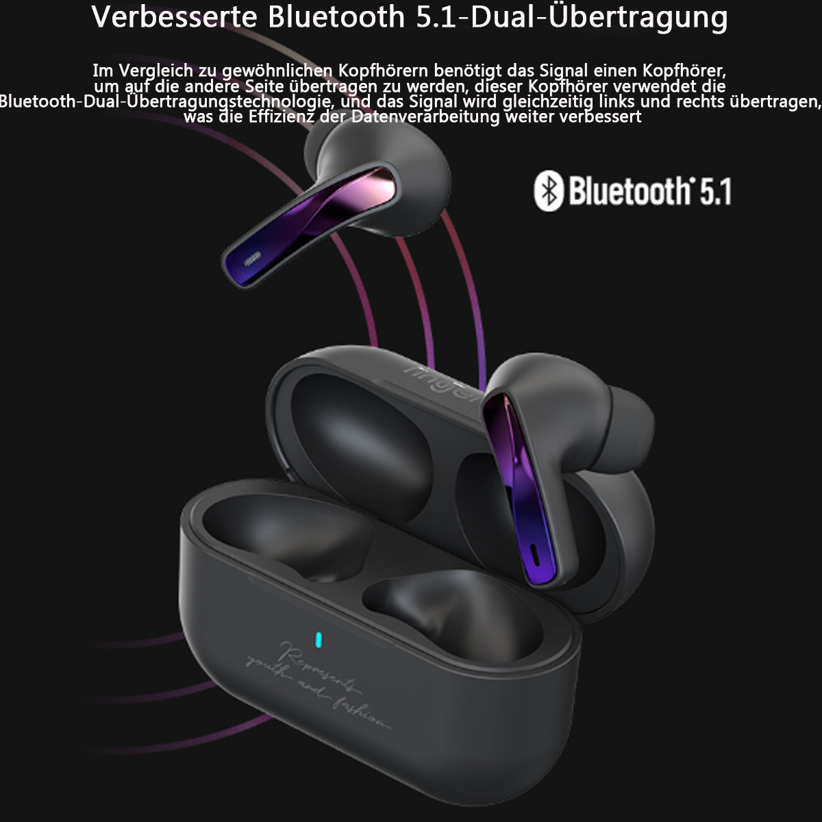 Schwarze kabellose Ohrhörer mit Ladecase. Das Bild zeigt Ohrhörer und das offene Ladecase.