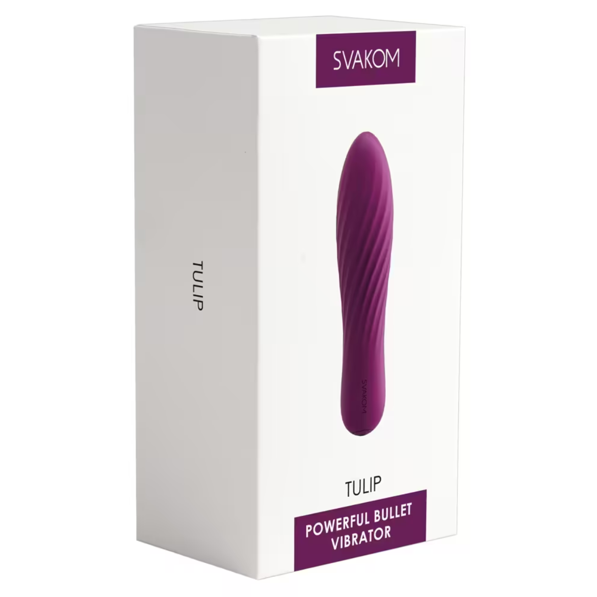 Eine weiße Box mit einem lila Bullet-Vibrator, beschriftet mit 'TULIP' und 'POWERFUL BULLET VIBRATOR'.