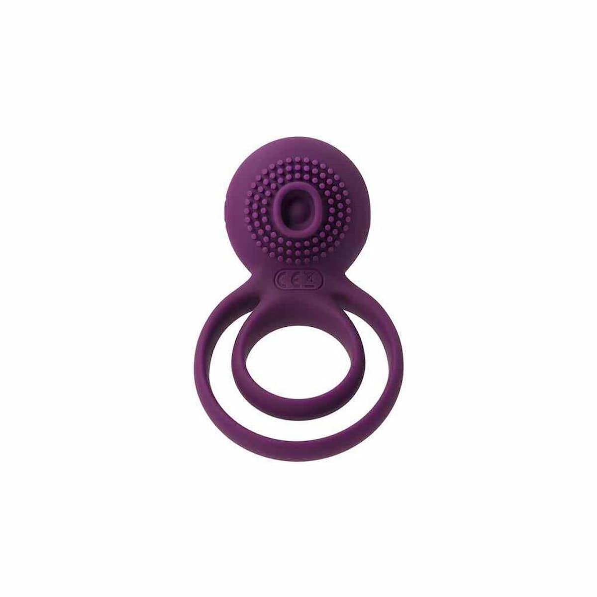 Lila Silikon-Ringvibrator mit zwei Ringen und strukturierter Oberseite, weißer Hintergrund.