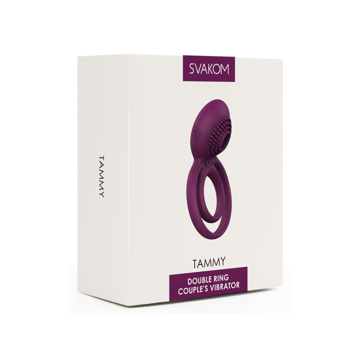 Box mit einem lila Vibrator. Weißer Hintergrund.