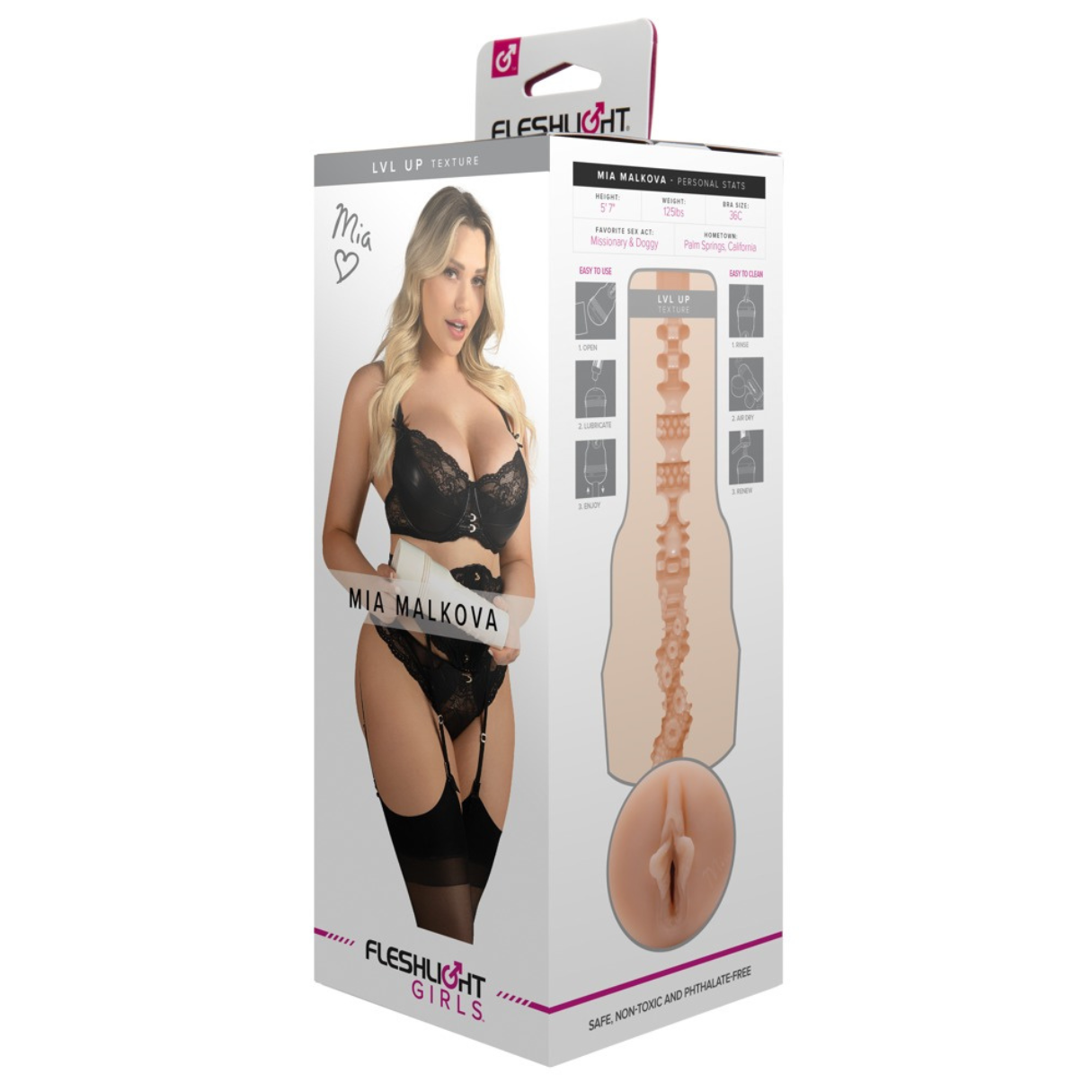 Box mit einem Foto einer Frau und einem Diagramm eines Sexspielzeugs.