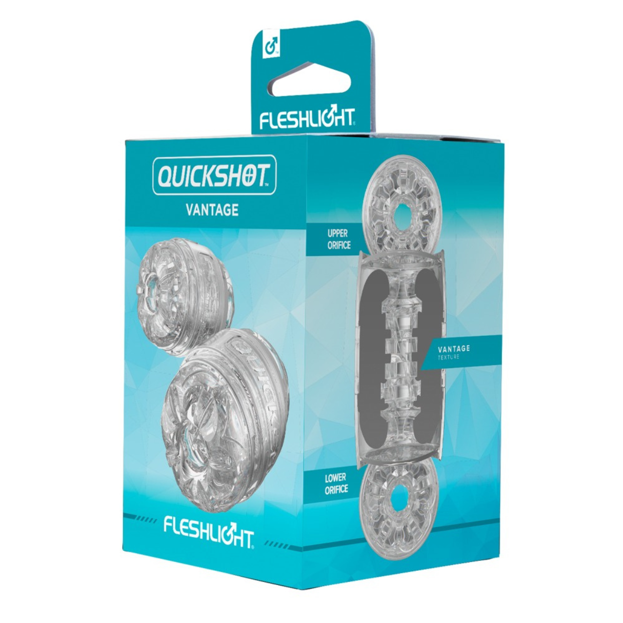 Pudełko z zabawką erotyczną, przezroczysty plastik, biało-niebieskie pudełko.