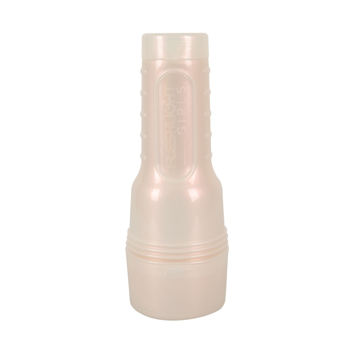 Fleshlight, blanco, forma cilíndrica. Fondo blanco.