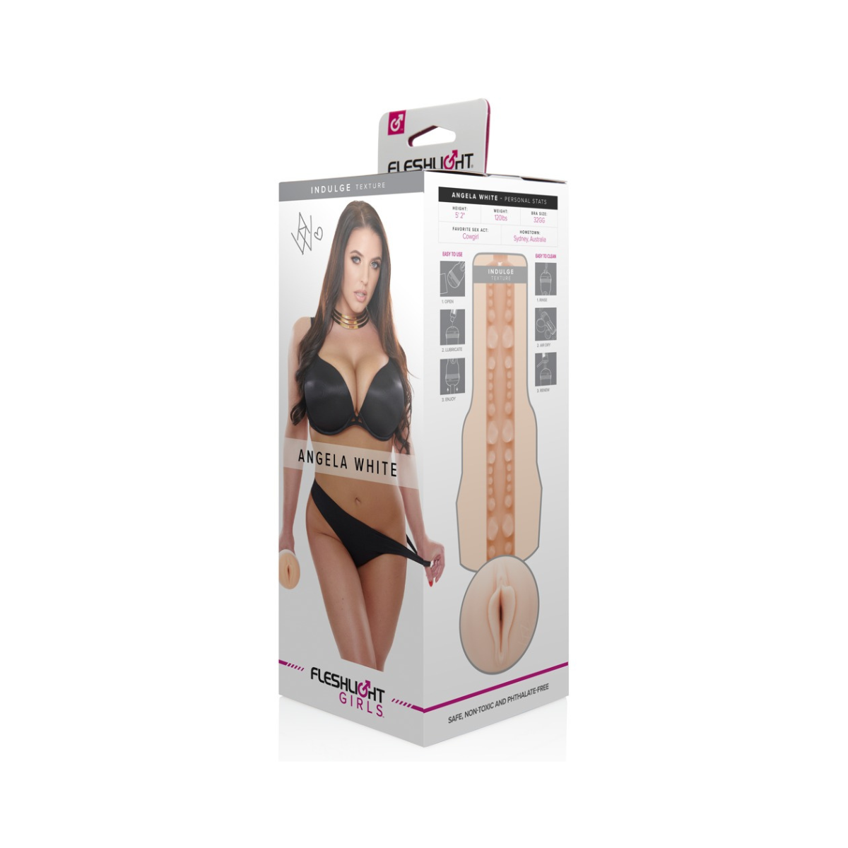 Fleshlight en caja, imagen de mujer, ilustraciones de productos y texto. Fondo blanco.