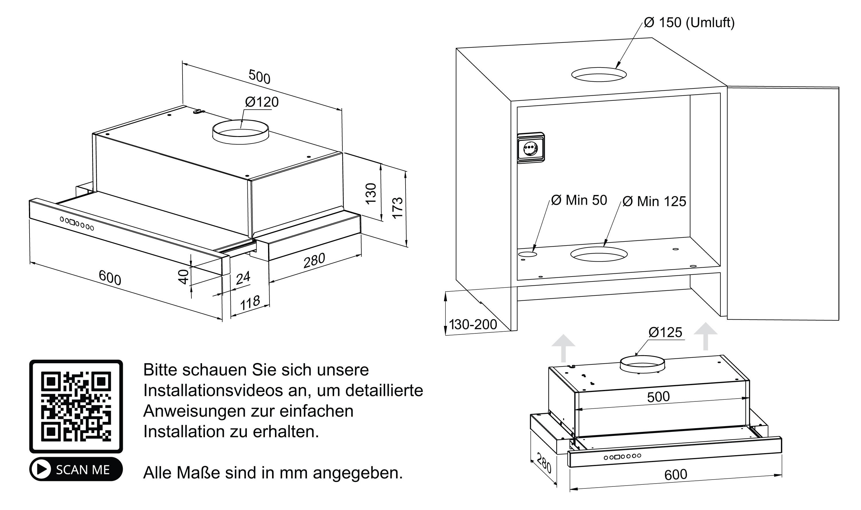 Diagramm einer Küchenhaube mit Maßen und Installationsanweisungen. Weißer Hintergrund.