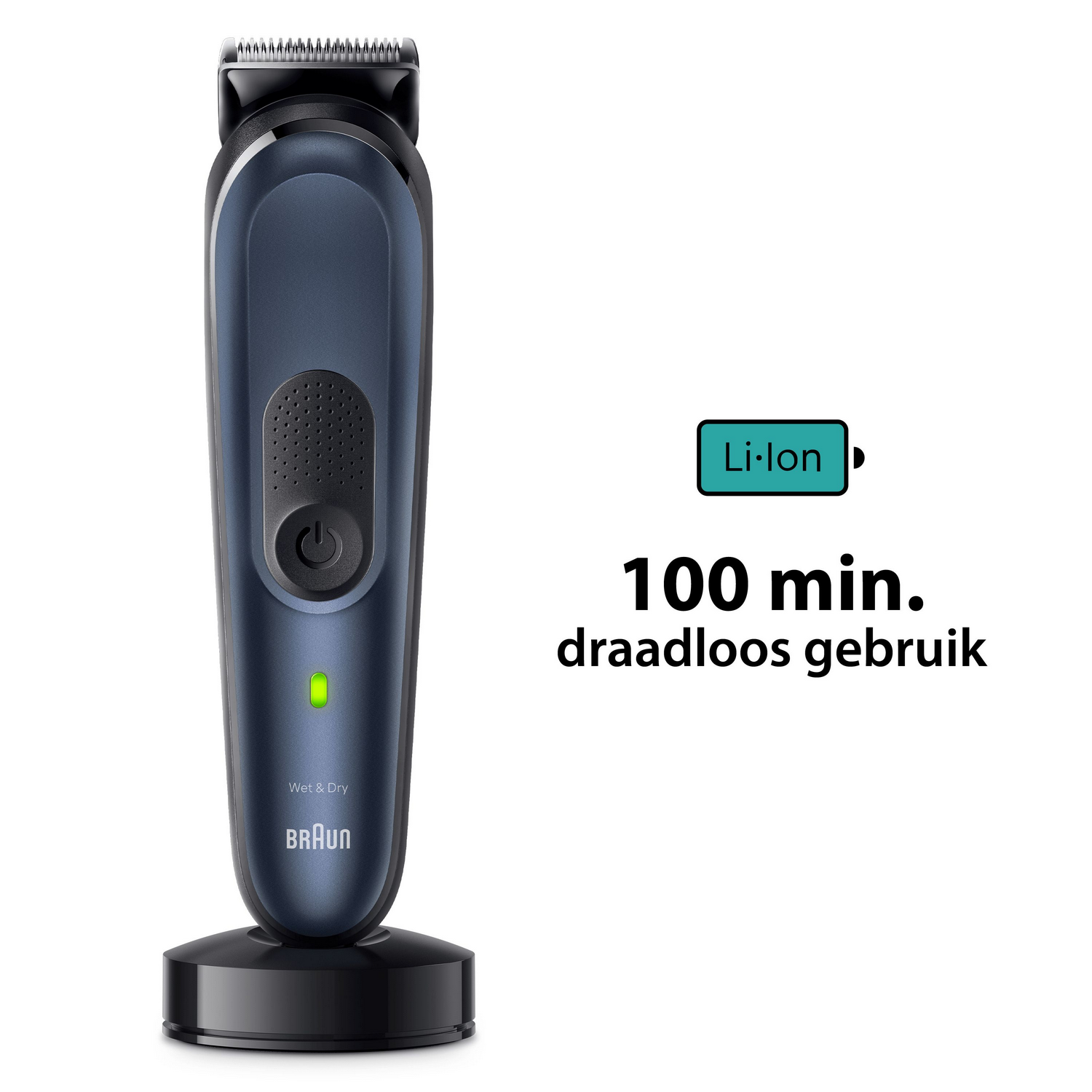 Afeitadora de barba Braun azul y negra sobre un soporte. Tiene un botón de encendido y una luz verde.