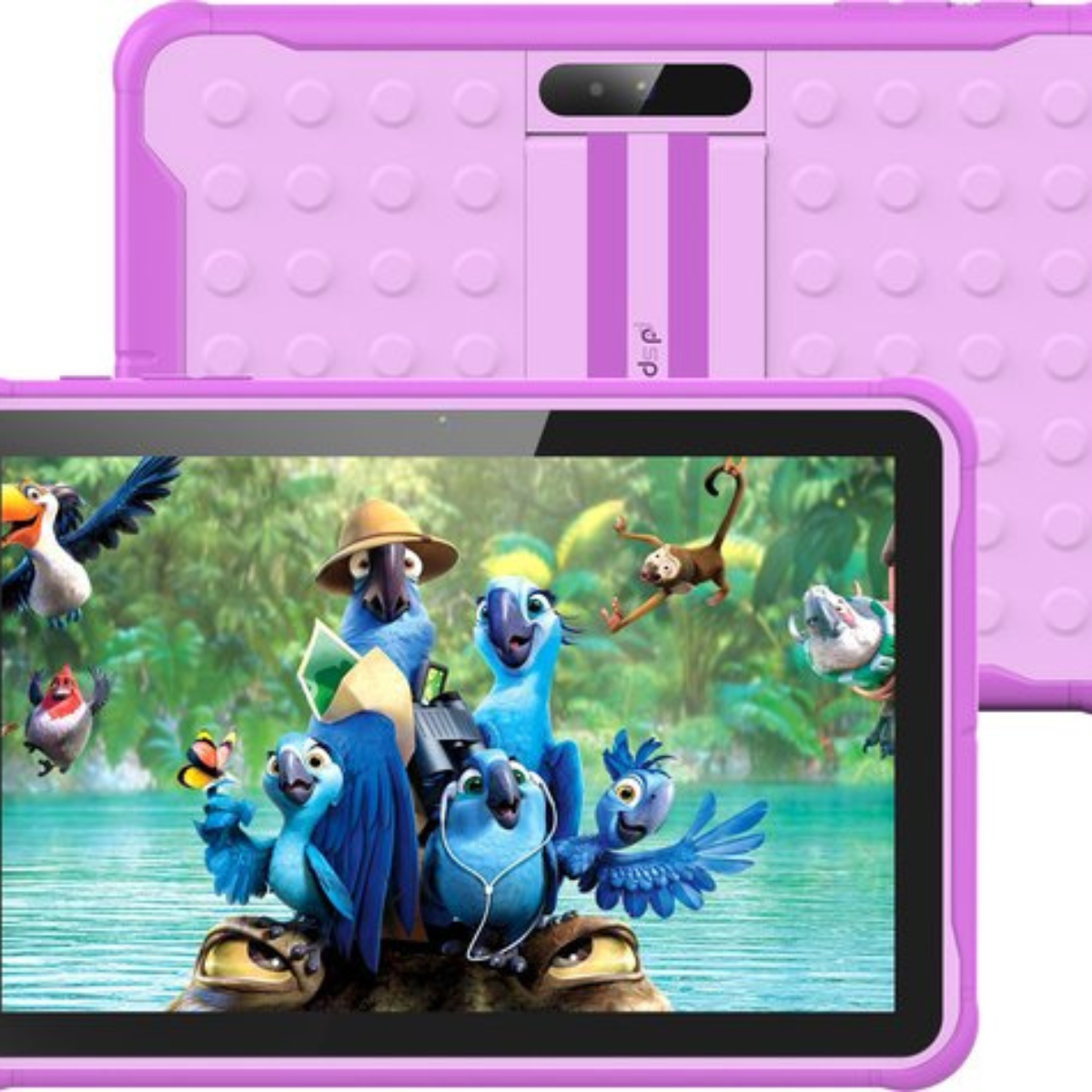Een roze tablet met tekenfilmfiguren op het scherm en een roze beschermhoes.