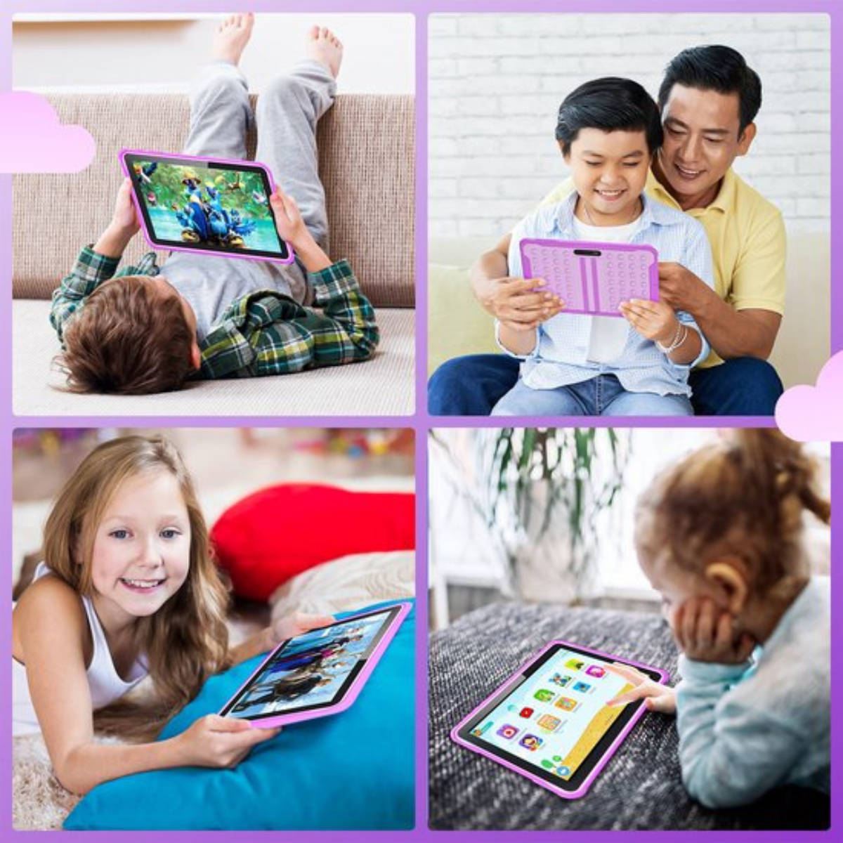Vier afbeeldingen van mensen die tablets gebruiken, in verschillende omgevingen en poses, elk met een roze hoes.