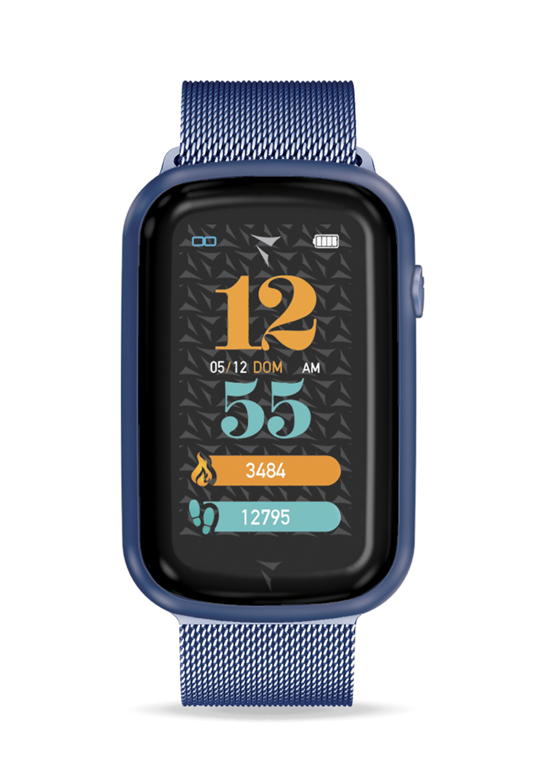 Blaue Smartwatch mit Anzeige von Zeit, Datum, Schritten und verbrannten Kalorien.