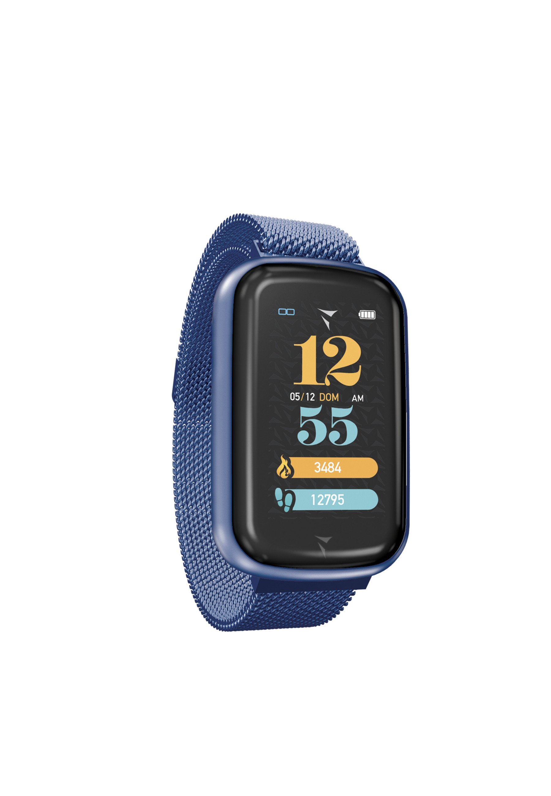 Eine blaue Smartwatch mit einem Display, das die Uhrzeit und Aktivitätsmetriken anzeigt, auf Weiß.