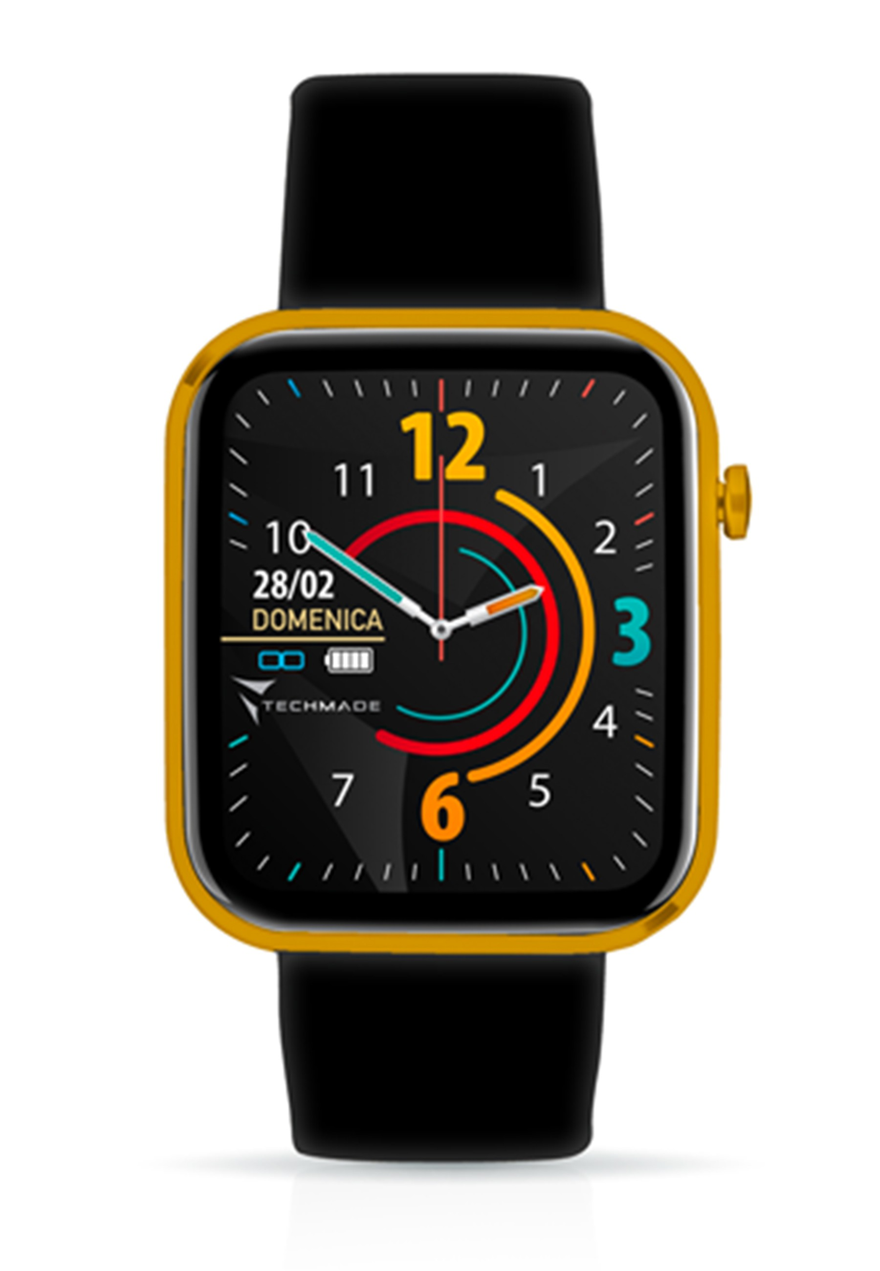 Goldene und schwarze Smartwatch mit Datum und Uhrzeit. Schwarzes Armband. Weißer Hintergrund.