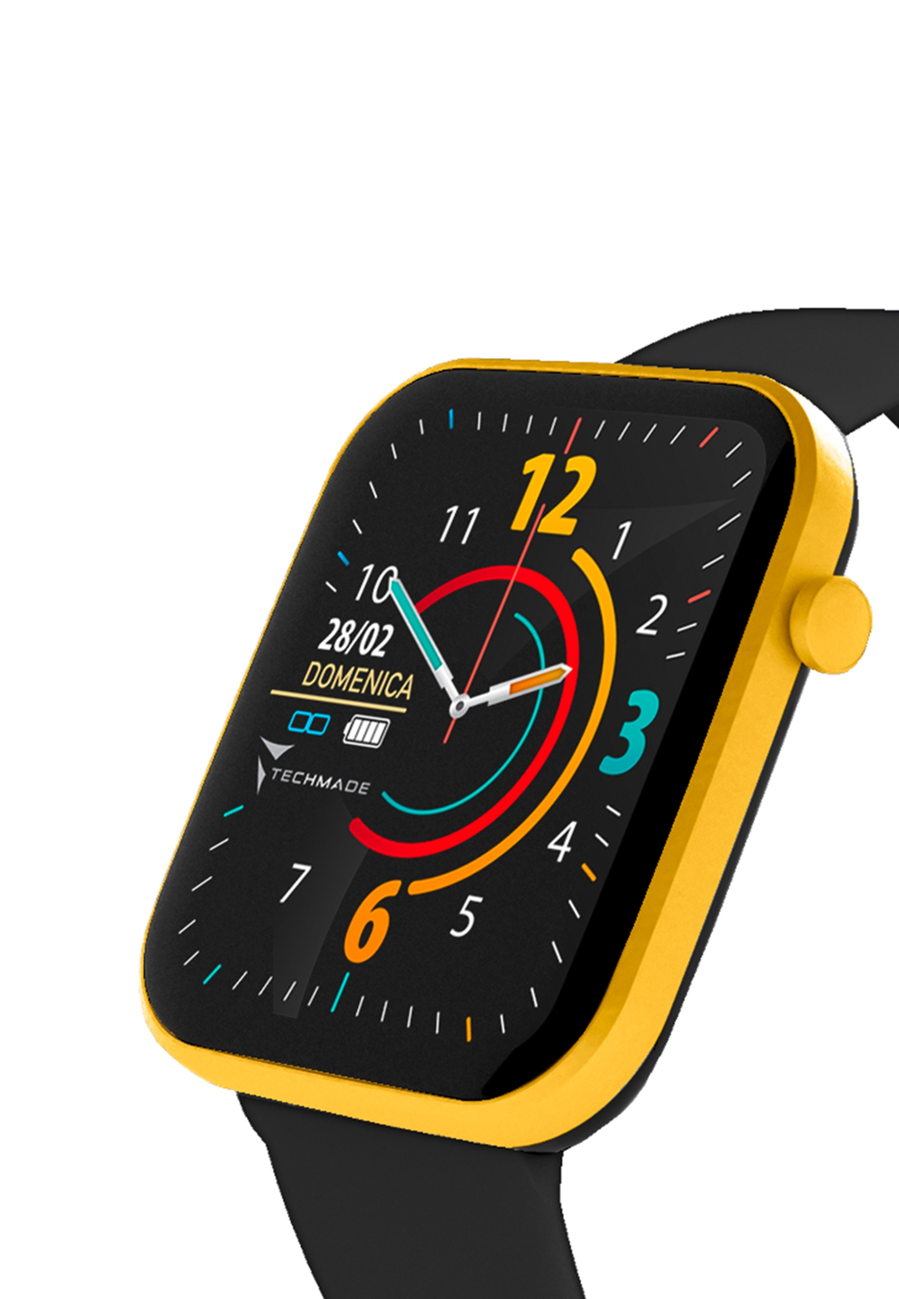 Gelbe Smartwatch mit schwarzem Armband, zeigt Uhrzeit und Datum auf dem Bildschirm.