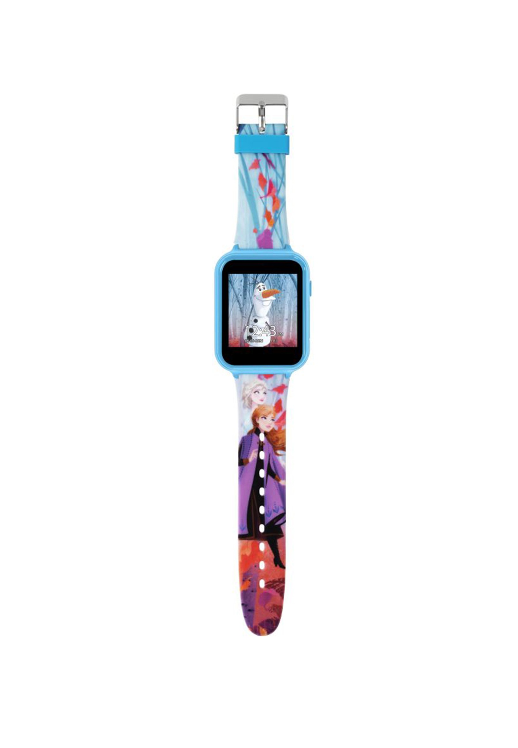 Frozen-Smartwatch mit blauem Armband und einem Bild von Olaf auf dem Bildschirm. Das Armband hat Figuren.