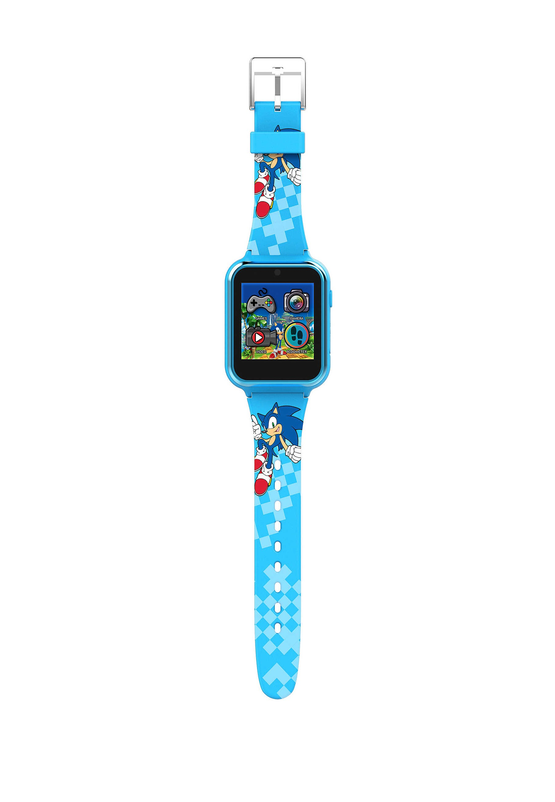 Blaue Smartwatch mit Sonic the Hedgehog-Design und blauem Armband, isoliert auf Weiß.