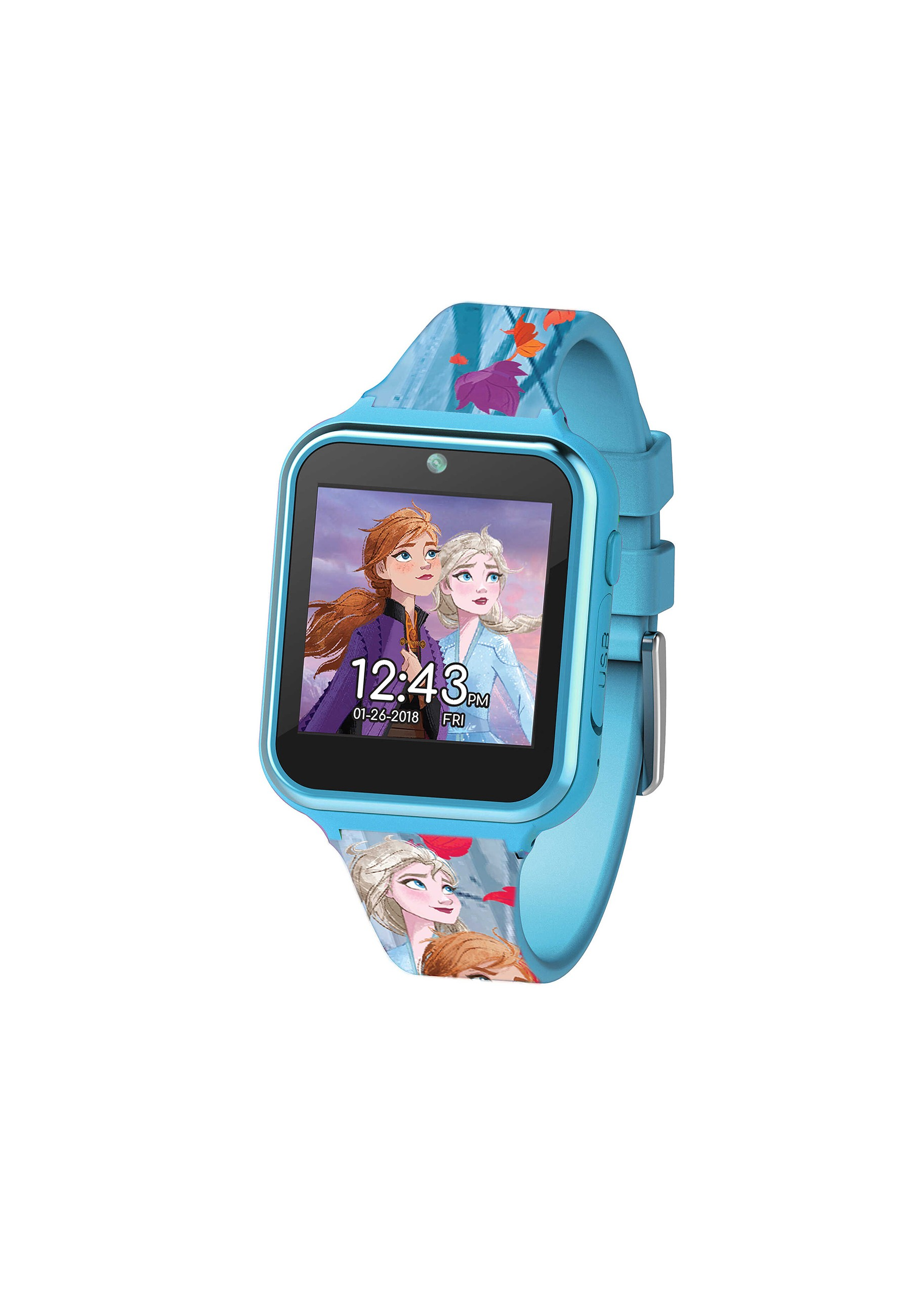 Blaues Frozen-Themen-Smartwatch mit Anna und Elsa, mit hellblauem Armband.