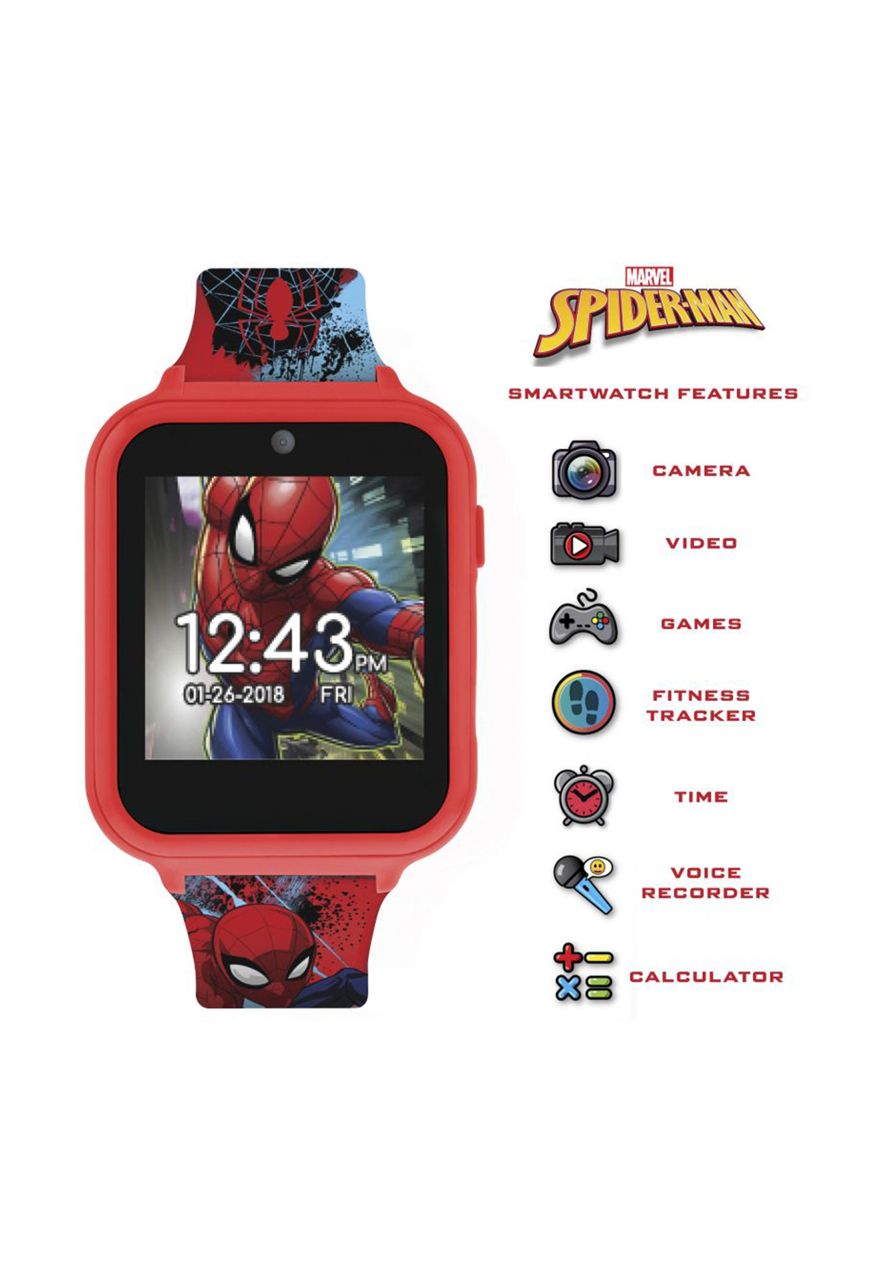 Eine rote Spiderman-Smartwatch mit Funktionen und Marvel-Logo.
