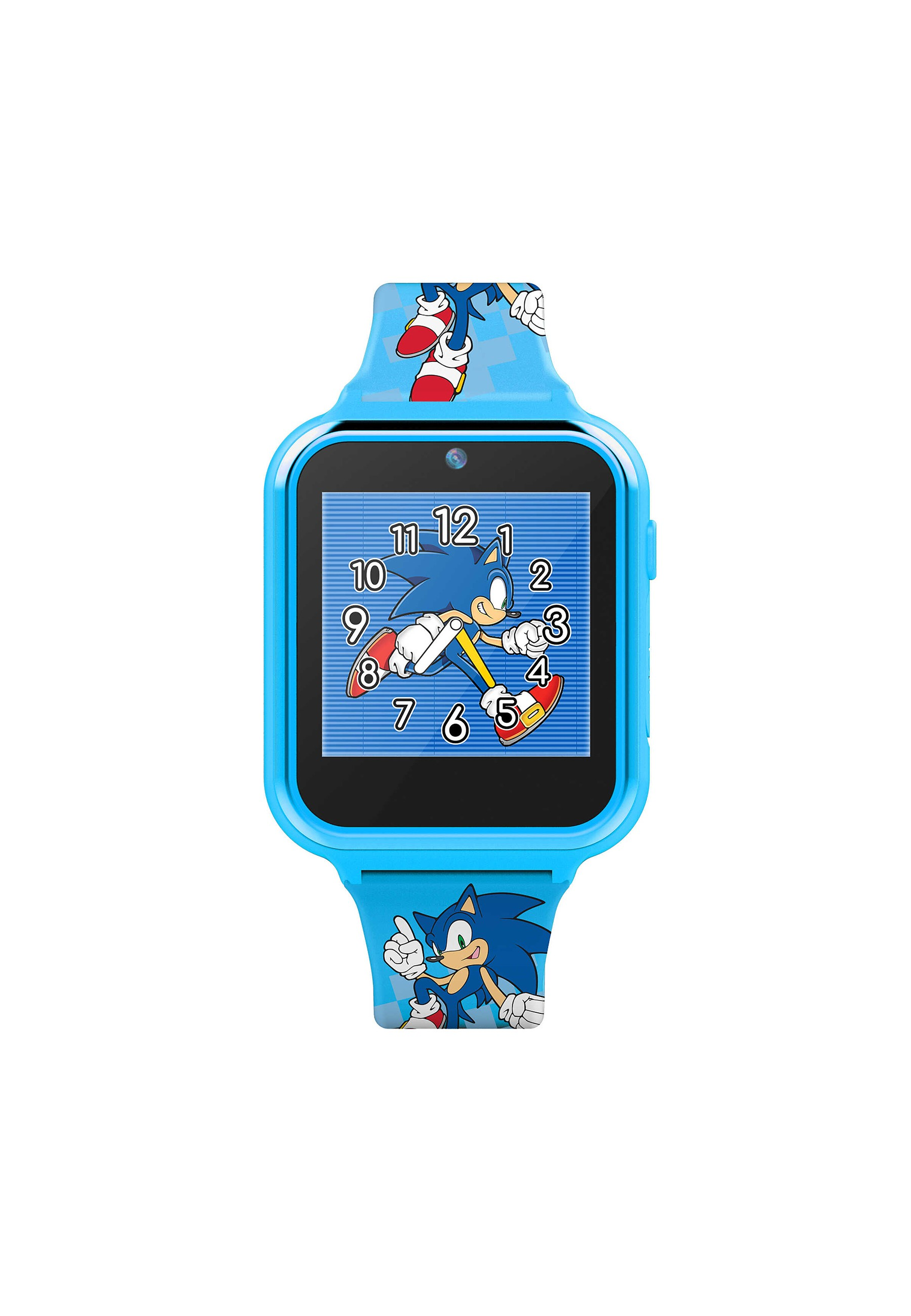 Blaue Sonic-Smartwatch mit Sonic auf dem Bildschirm. Weißer Hintergrund.