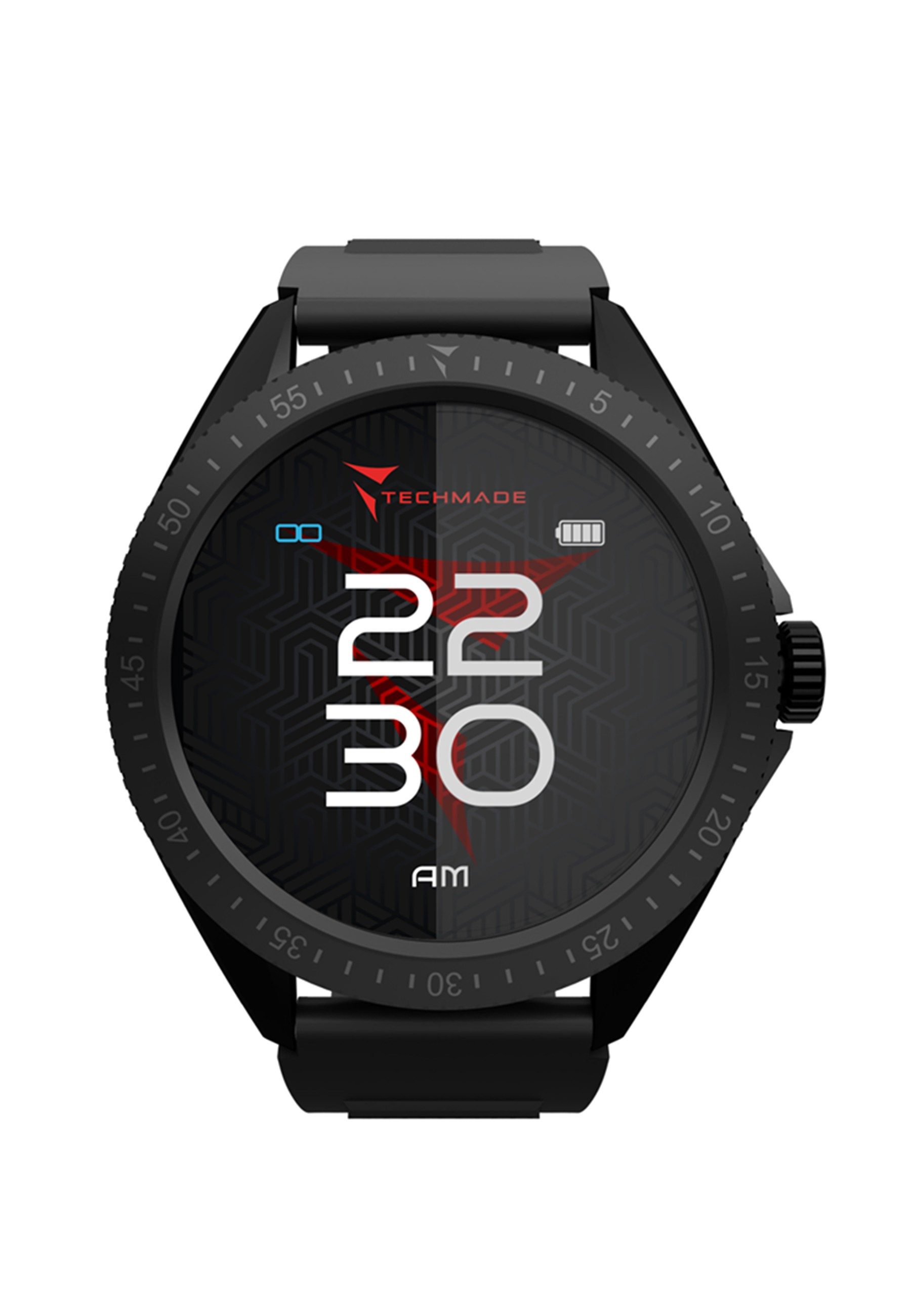 Une smartwatch noire avec un écran rond affichant l'heure et le logo TECHMADE.