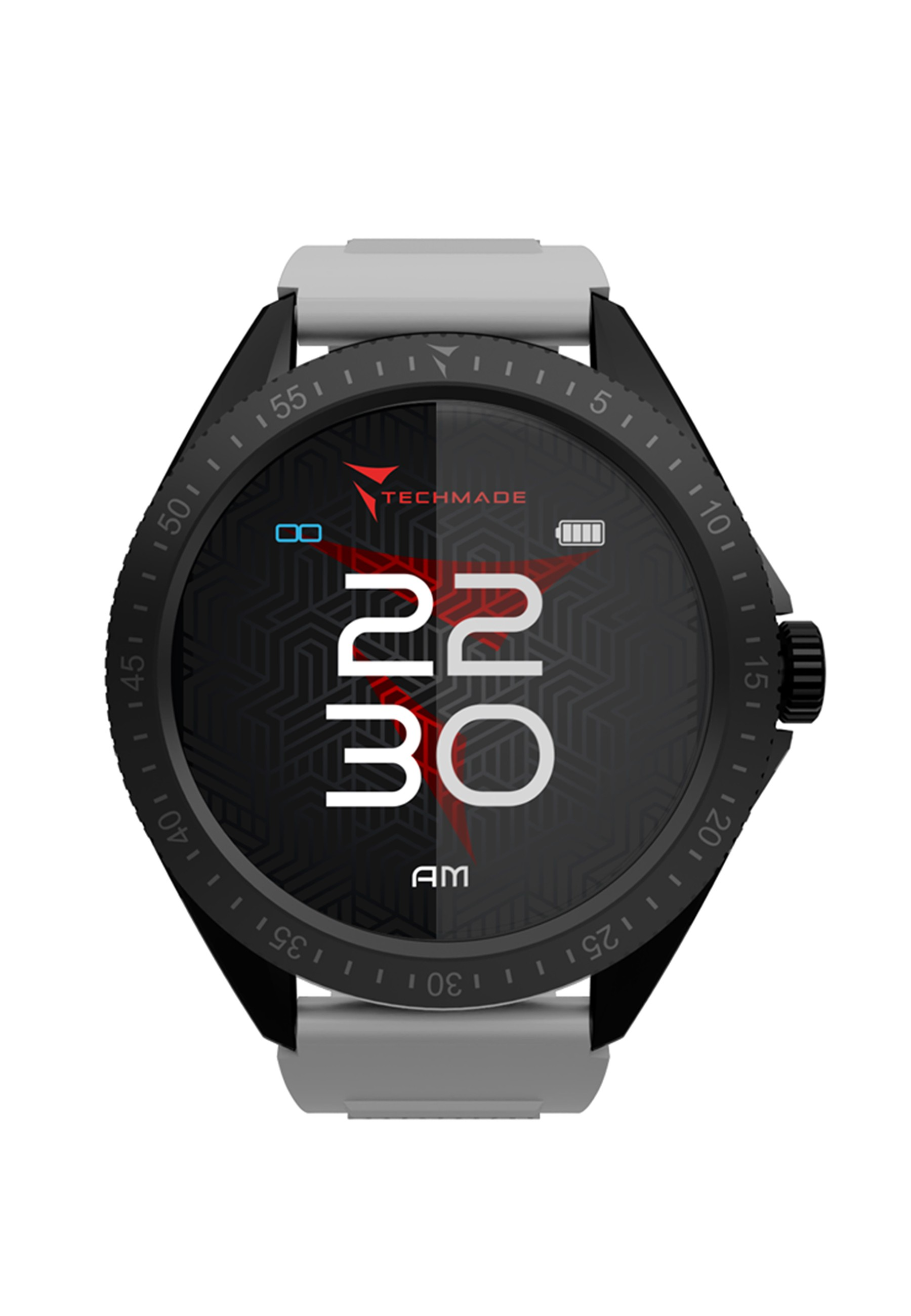 Eine Smartwatch mit schwarzer Lünette, grauem Armband und digitaler Zeitanzeige.