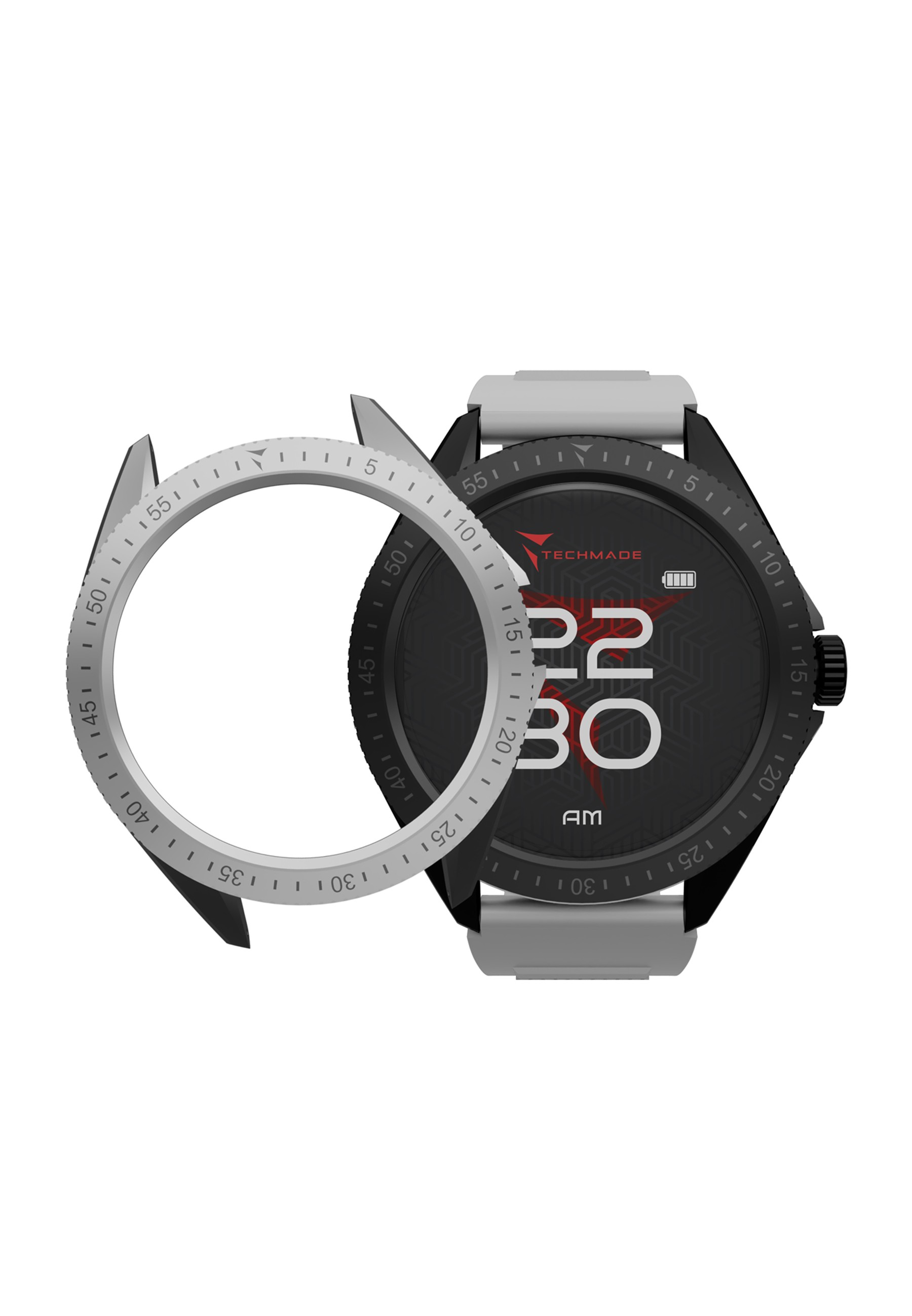 Eine schwarze Smartwatch mit abnehmbarer Lünette. Weißer Hintergrund.