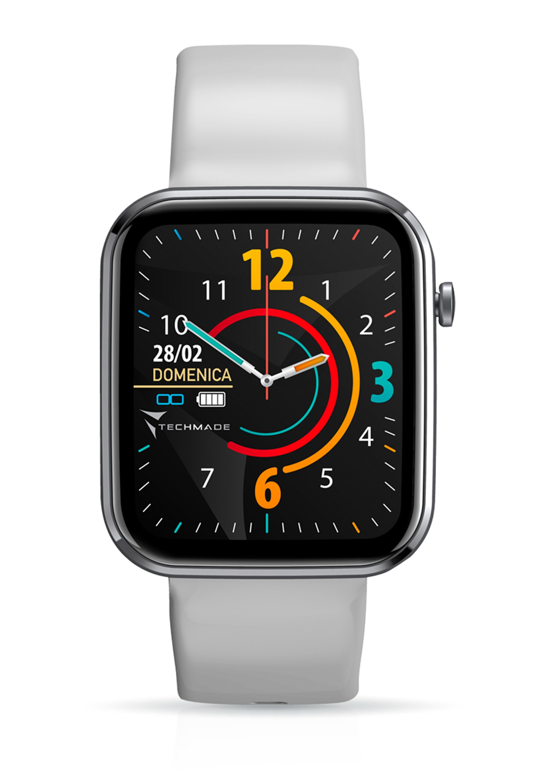 Smartwatch mit schwarzem Bildschirm, der Zeit, Datum und Akku anzeigt. Weißes Armband.