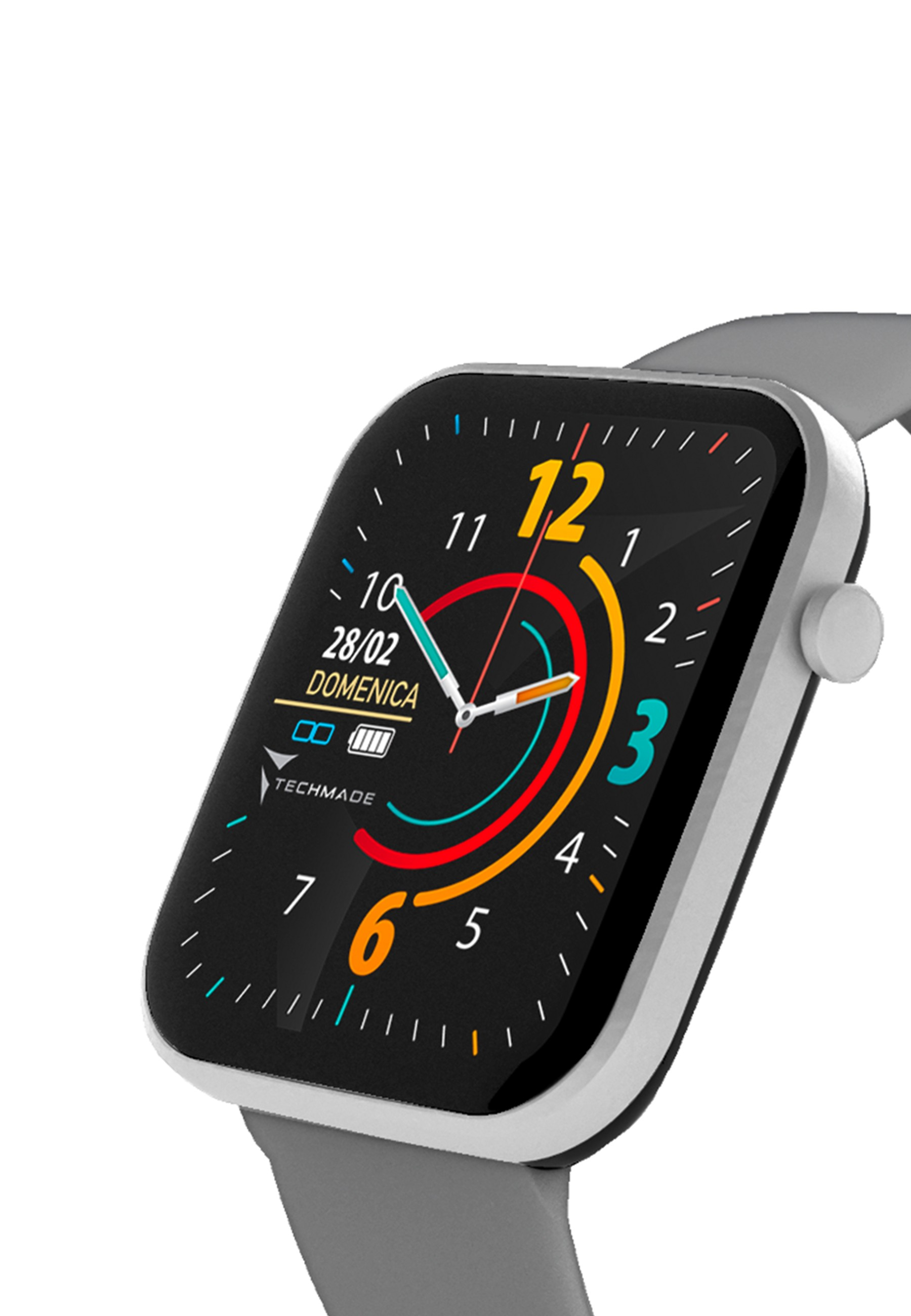Smartwatch mit schwarzem Bildschirm, der die Zeit anzeigt. Graues Armband und weißer Hintergrund.