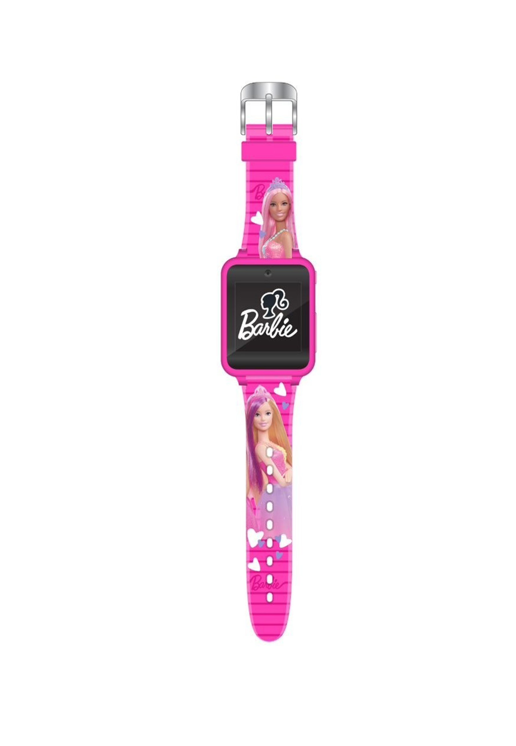 Une montre connectée Barbie rose avec des images de Barbie et un bracelet sur fond blanc.