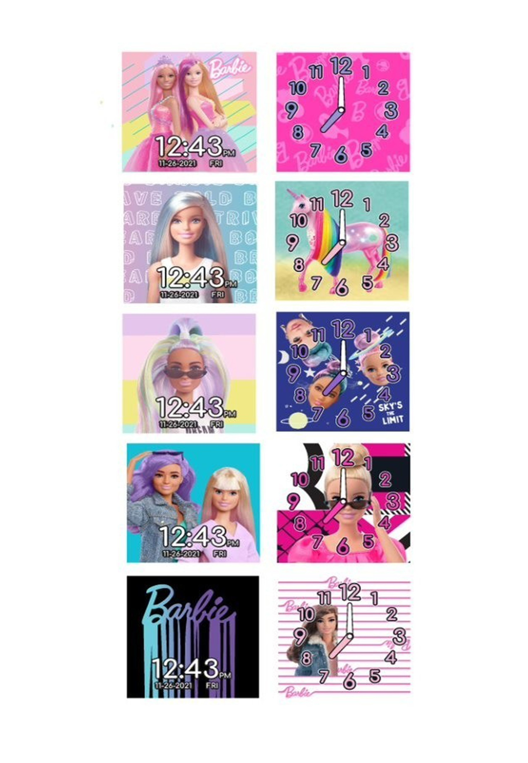 Un collage de cadrans de montre Barbie. L'heure est 12h43. Plusieurs poupées Barbie sont présentées.
